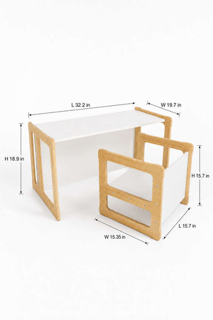 A wooden toddler table and chair set features a sleek design with natural wood accents and white surfaces. The convertible pieces are ideal for play, meals, and learning activities.