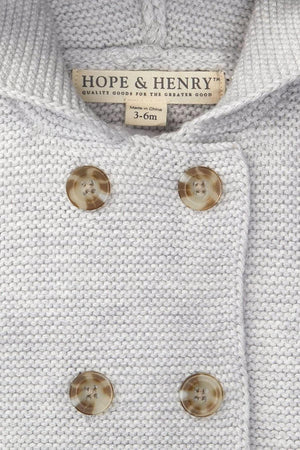 Light gray heather seed stitch knit hooded sweater by Hope & Henry, featuring a double-breasted button front. Made from organic cotton, its designed for babies aged 3-6 months.