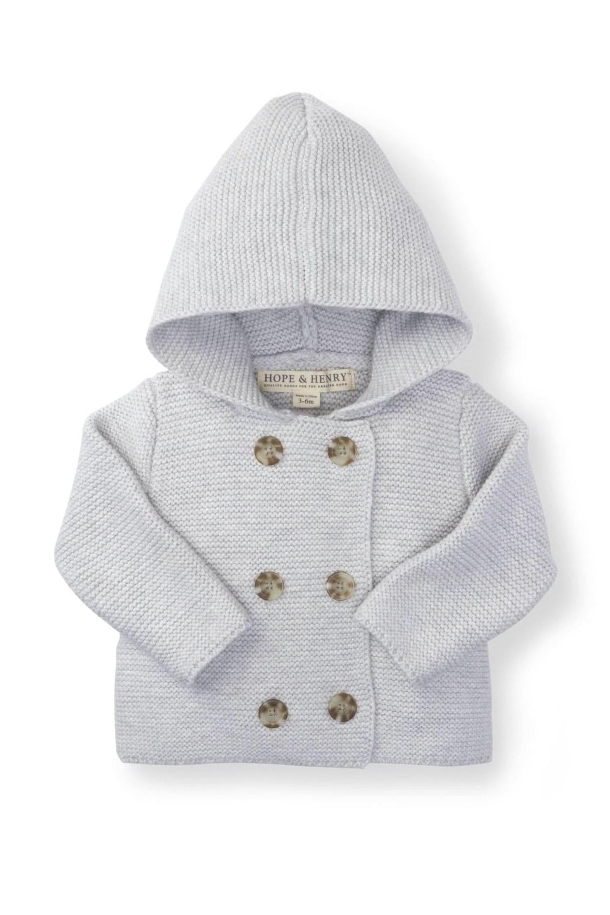 Light gray heather hooded sweater by Hope & Henry, made from soft organic cotton. Features a seed stitch knit and double-breasted button front.