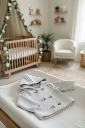 A light gray heather seed stitch knit hooded sweater by Hope & Henry is displayed on a changing table in a cozy nursery, featuring a wooden crib and decorative plants.