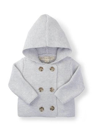 Light gray heather hooded sweater by Hope & Henry, made from soft organic cotton. Features a seed stitch knit and double-breasted button front.