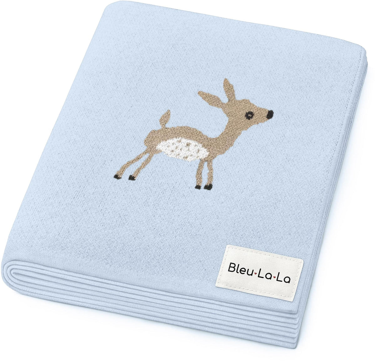 A light blue cotton blanket featuring a cute, embroidered deer design in soft browns and whites. This cozy blanket is made by Bleu-La-La, perfect for newborns and sensitive skin.