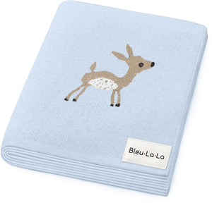 A light blue cotton blanket featuring a cute, embroidered deer design in soft browns and whites. This cozy blanket is made by Bleu-La-La, perfect for newborns and sensitive skin.