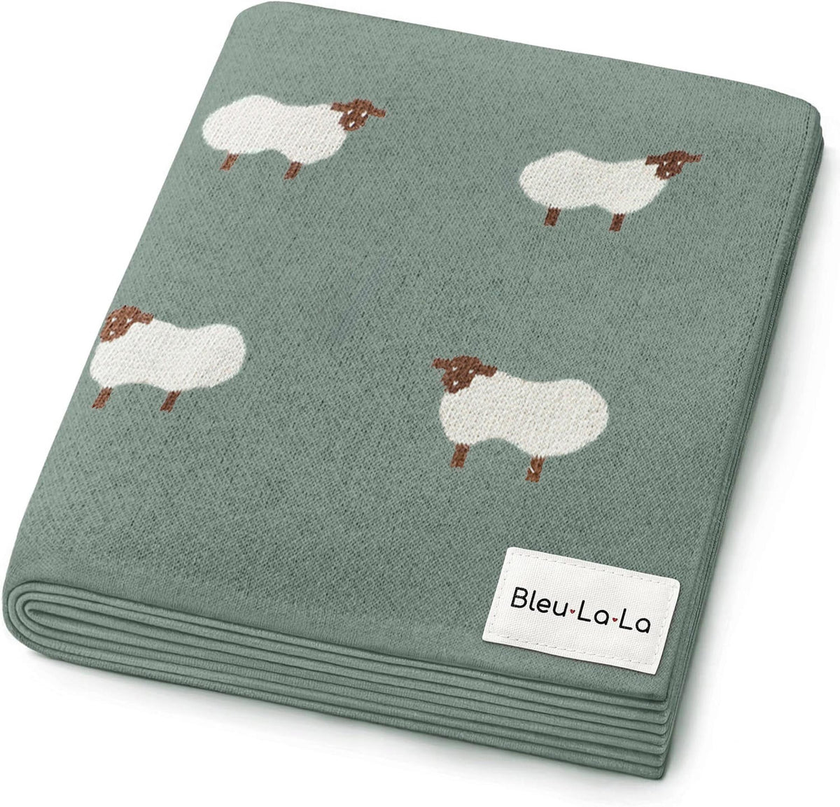 A soft, green swaddle blanket featuring playful sheep designs, crafted from OEKO-Tex certified Pima cotton by Bleu-La-La. Ideal for newborns, it offers a gentle and breathable embrace.