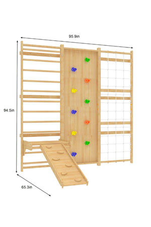 A wooden modular Swedish ladder jungle gym features colorful climbing holds and a slide, designed for indoor use.
