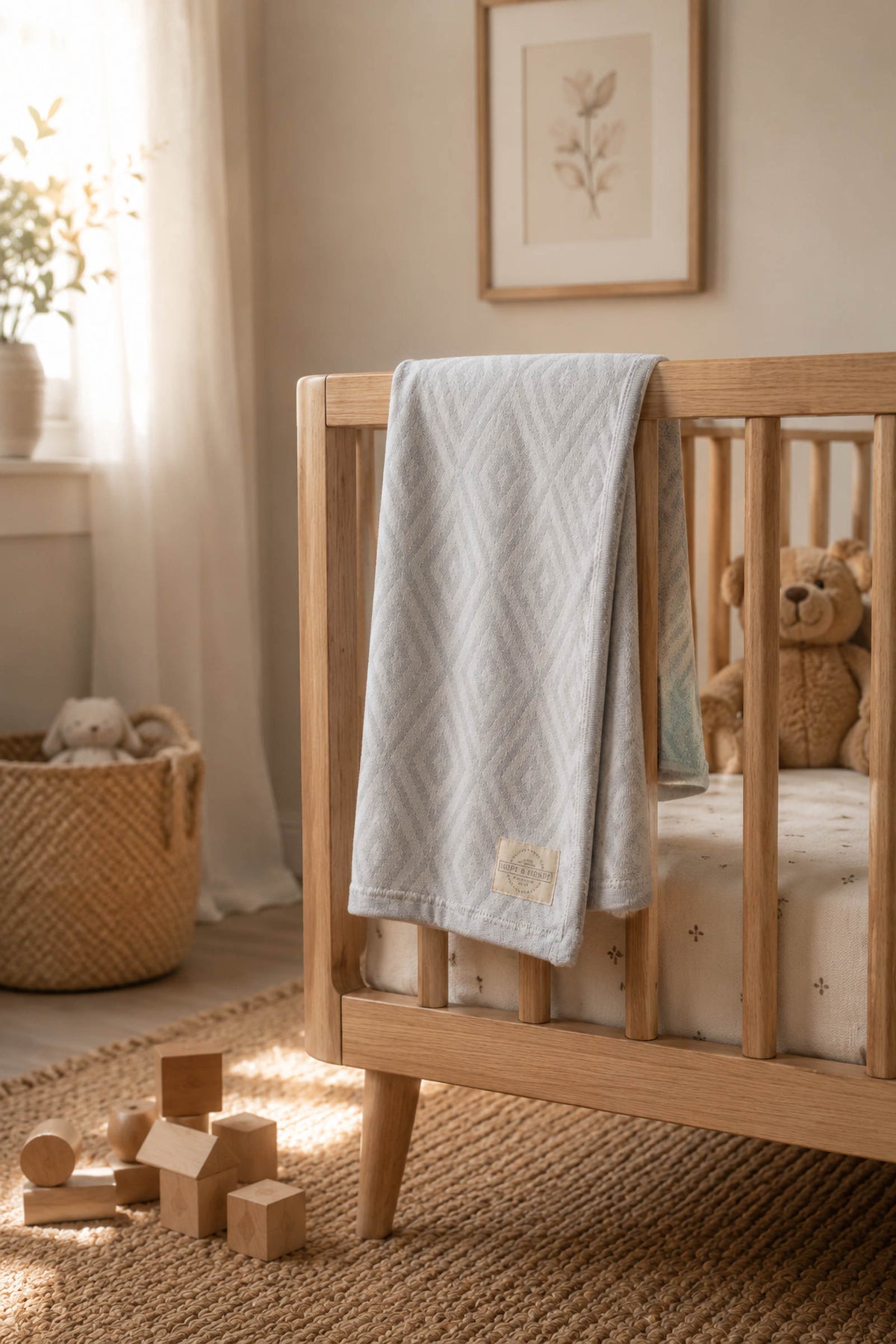 A soft gray organic cotton jacquard sweater blanket drapes over a wooden crib, surrounded by natural decor, including a teddy bear and wooden blocks on a woven rug.