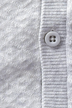 Close-up of a light gray organic cotton sweater romper featuring a button closure and textured knit fabric.