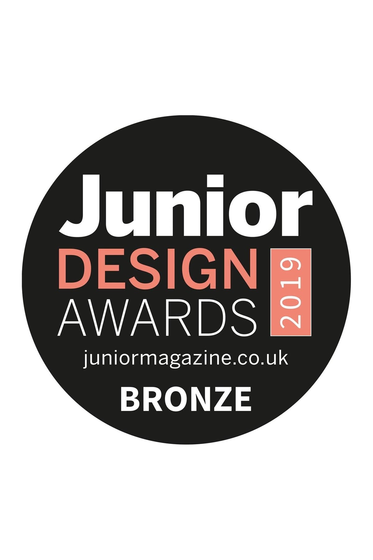 A circular badge featuring the text Junior Design Awards 2019 with Bronze highlighted, set against a black background.