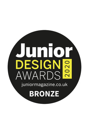Black circular badge featuring the text Junior Design Awards 2020 in bold white and yellow letters, indicating a bronze award.