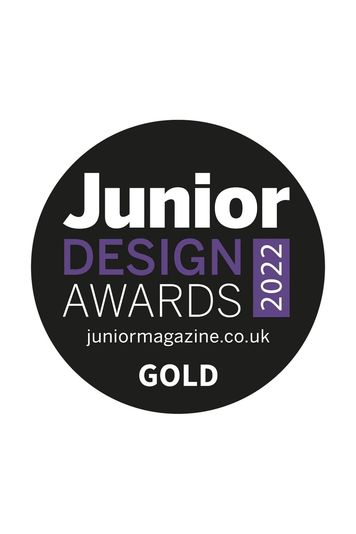 A round logo displaying Junior Design Awards 2022 in bold white and purple text on a black background, highlighting the award status as GOLD.