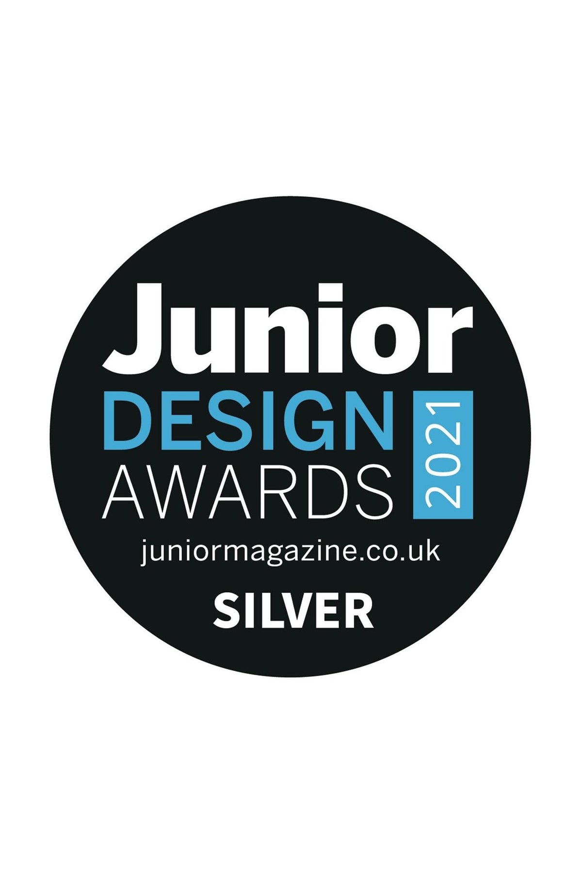 A black and white circular logo featuring the text Junior Design Awards 2021 and SILVER in blue and white. The logo signifies an award won in the design category.