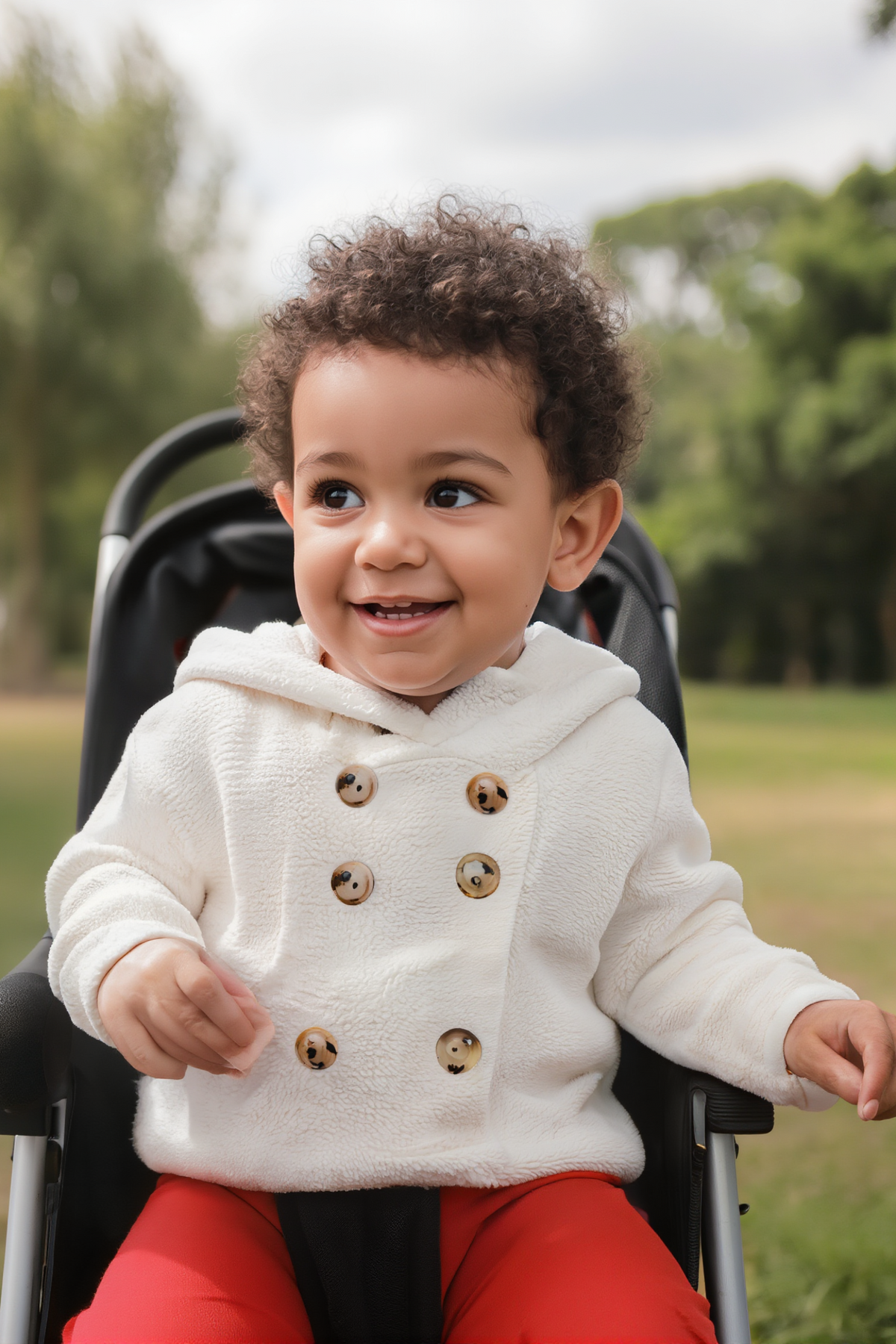 A smiling child in a soft white hooded sweater sits in a stroller, wearing red pants, with a blurred green.