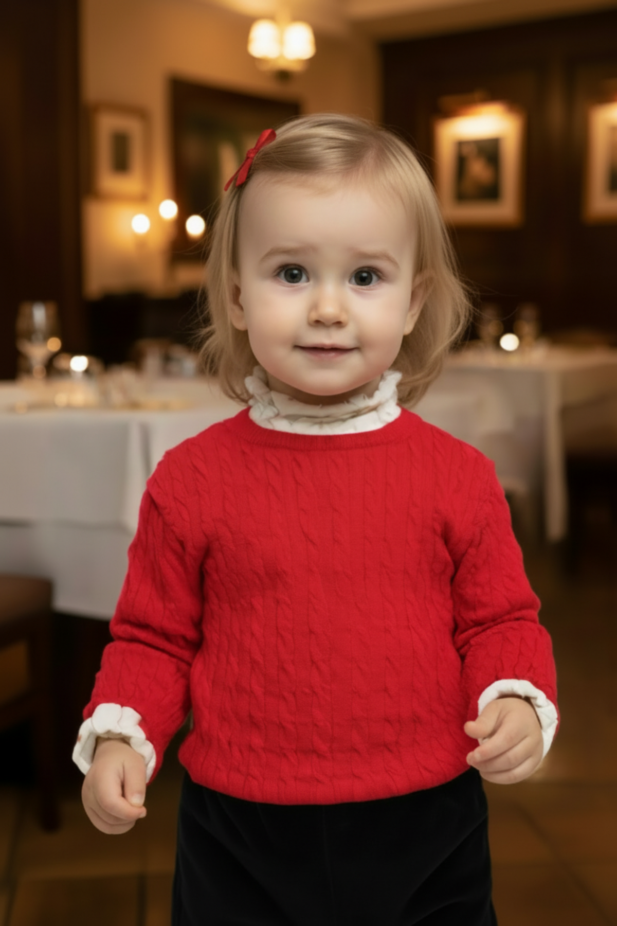 A smiling toddler wears a red cable knit sweater with puff sleeves and a white ruffled collar, inside a warmly.