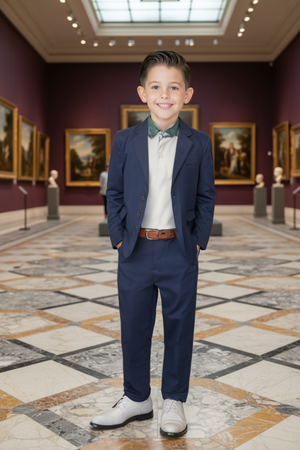 A young boy in a navy suit and brown belt stands smiling in an art gallery with framed paintings.