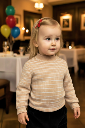 A young girl in an oatmeal striped sweater with a mock neck stands in a restaurant, smiling, with colorful balloons.