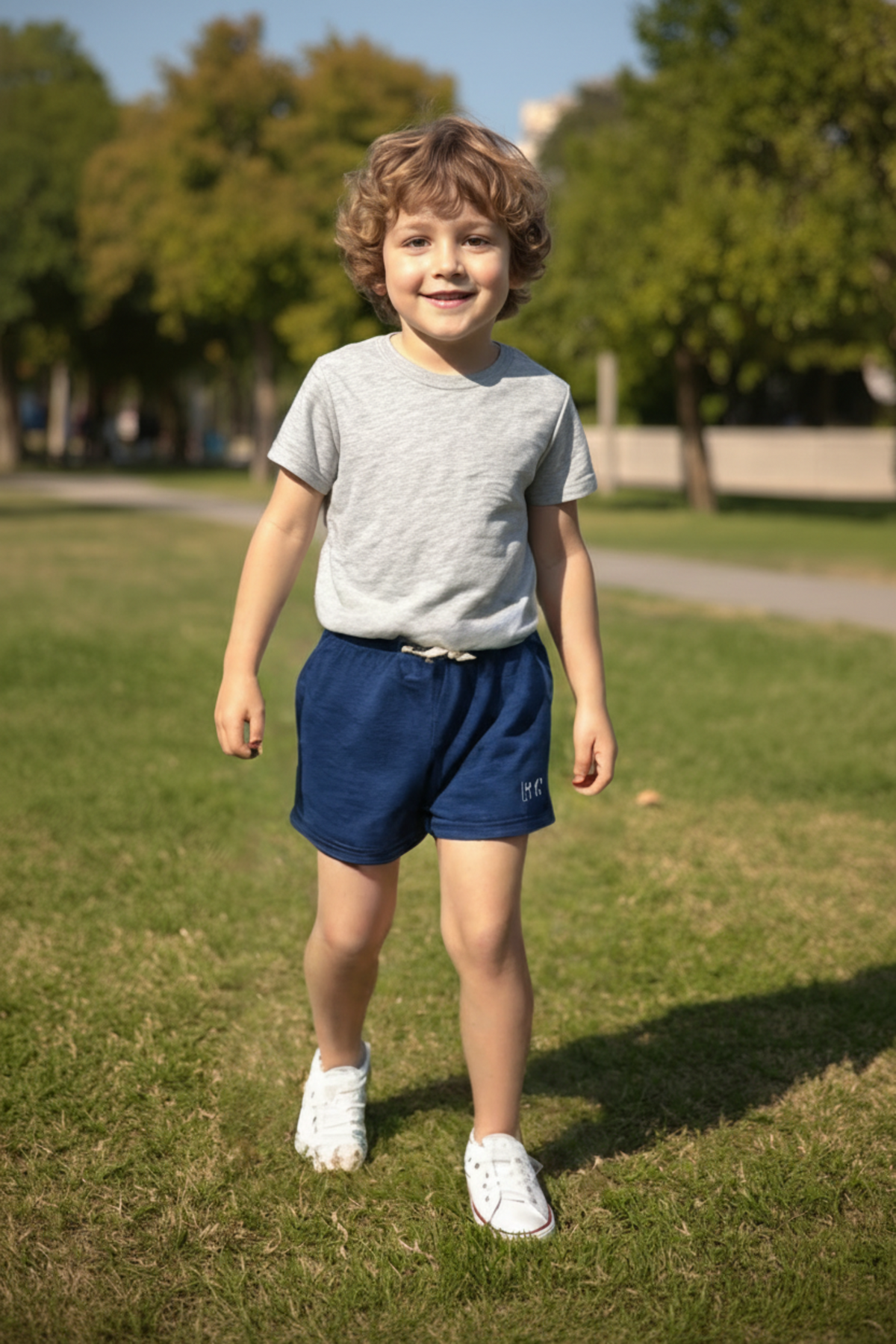 A smiling young boy with curly hair walks on a grassy path, wearing a gray t-shirt and navy cotton shorts. The outfit is comfortable and suitable for outdoor play.