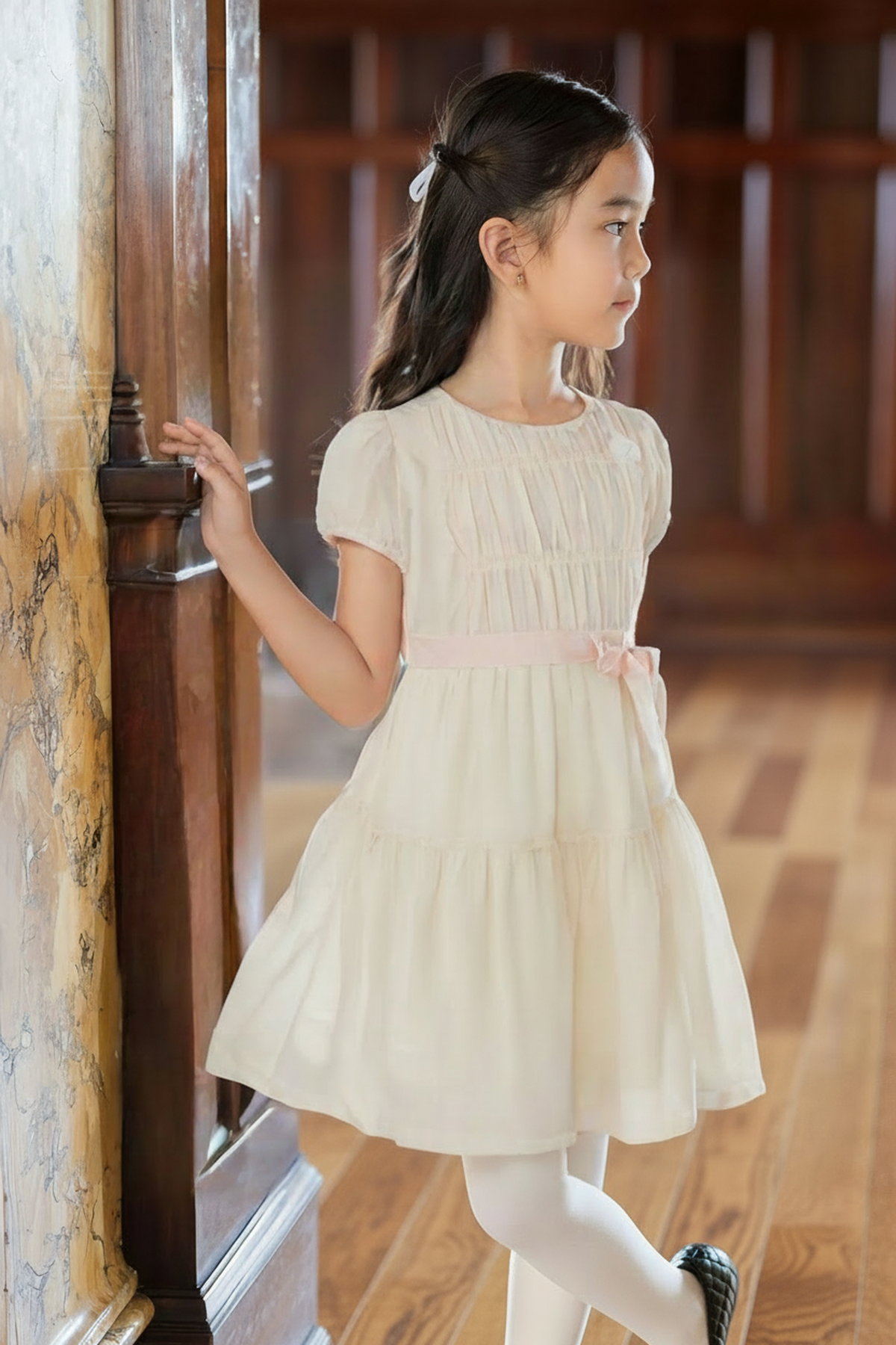 A young girl in a natural-colored puff sleeve dress with a pink sash stands in a wooden interior.