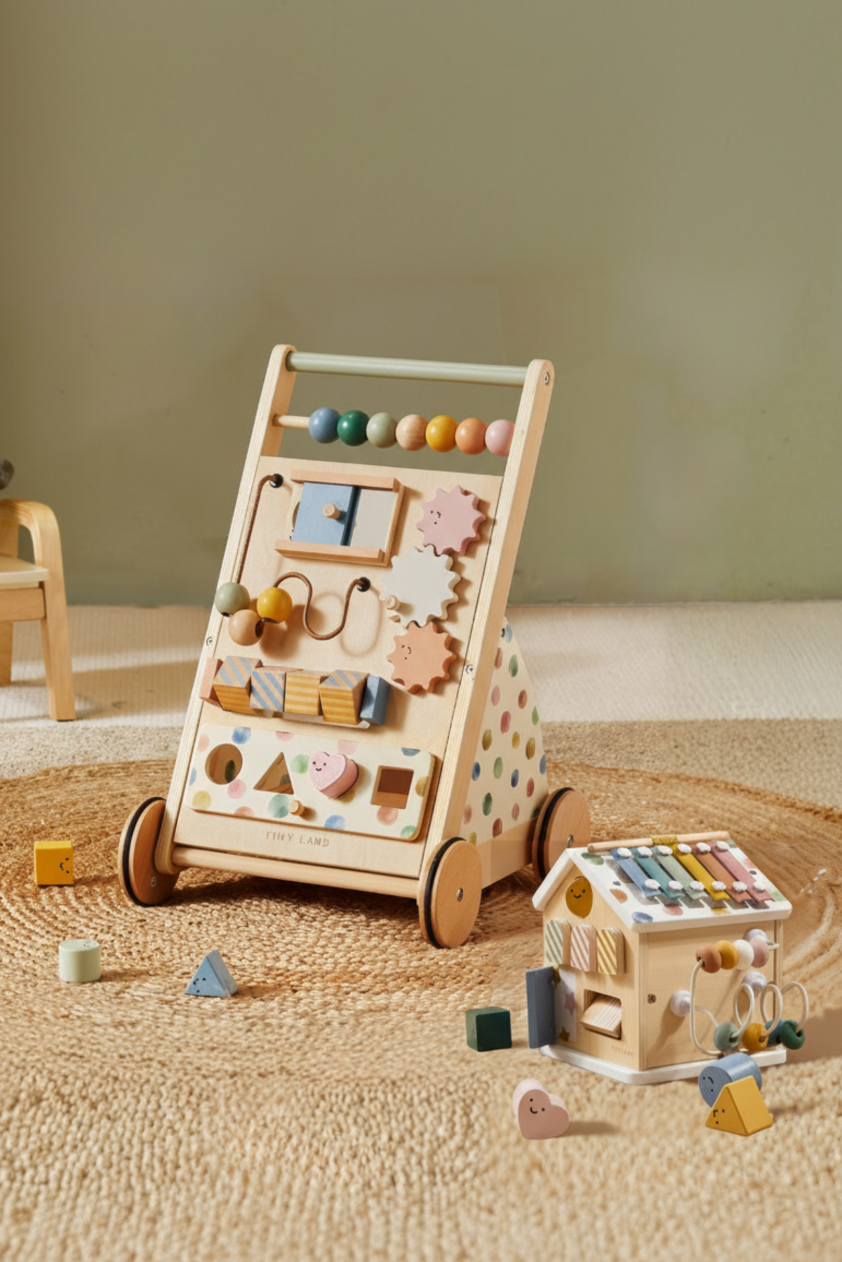 Tiny Land® Wooden Baby Walker & Activity Cube Playset, Montessori Development Toy Set, Toddlers