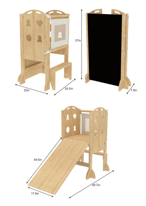 A wooden 4-in-1 kitchen tower features a slide, chalkboard, and interactive panels. Its natural finish and sturdy design are perfect for toddlers, encouraging play and learning at home.