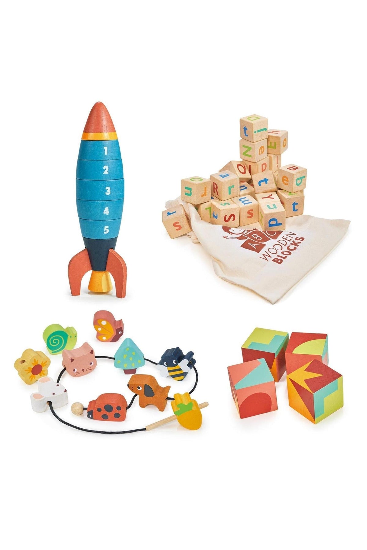 Learning Bundle | Stacking Rocket | Alphabet Blocks | Threading Beads | Puzzel Blocks