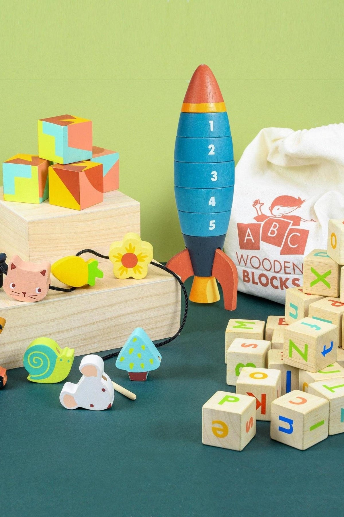 Learning Bundle | Stacking Rocket | Alphabet Blocks | Threading Beads | Puzzel Blocks