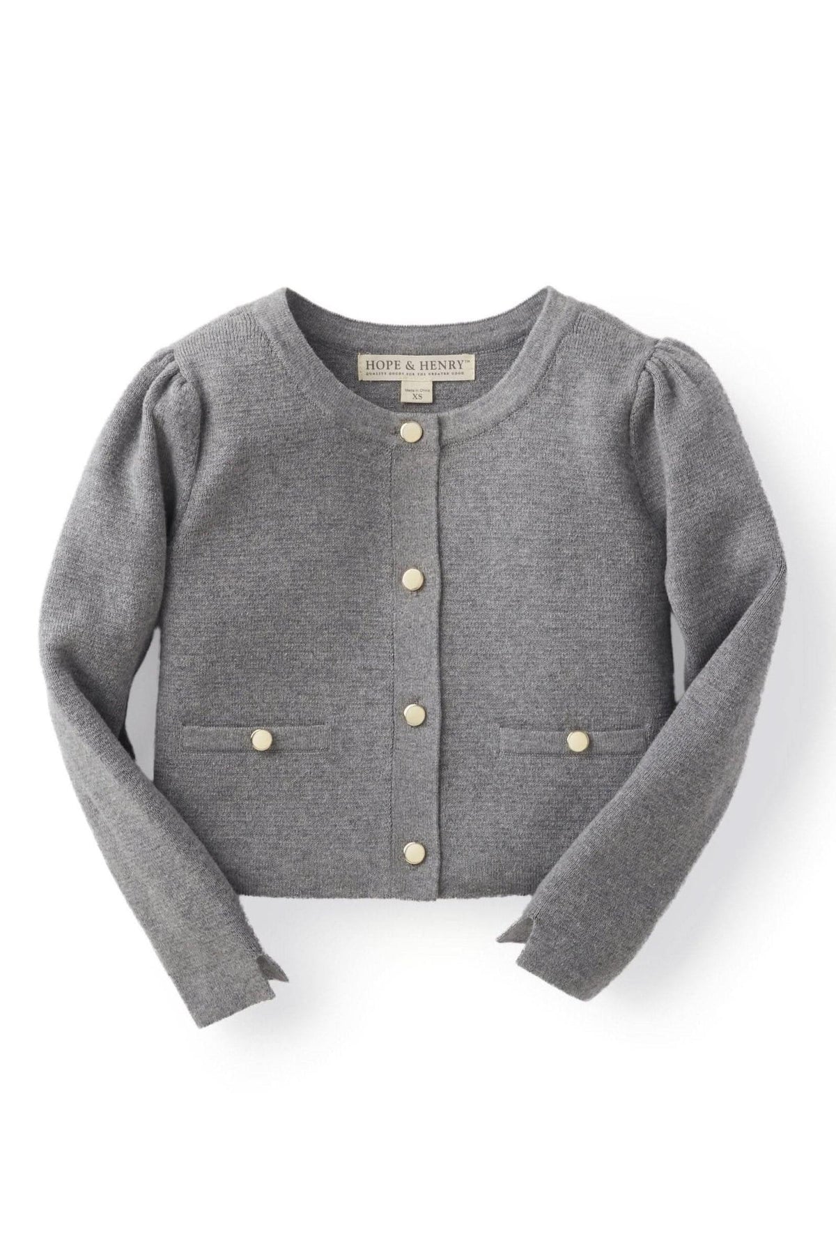Gray organic cotton cardigan by Hope & Henry features a classic Milano stitch design, elegant gold buttons, and gently puffed sleeves, making it a stylish choice for baby girls.