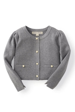 Gray organic cotton cardigan by Hope & Henry features a classic Milano stitch design, elegant gold buttons, and gently puffed sleeves, making it a stylish choice for baby girls.