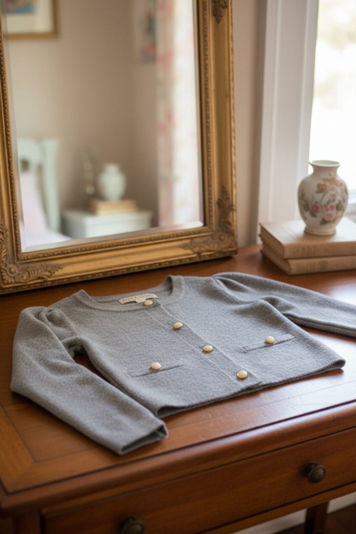 Gray organic cotton cardigan with a Milano stitch displayed on a wooden table, featuring elegant gold buttons and gently puffed sleeves.