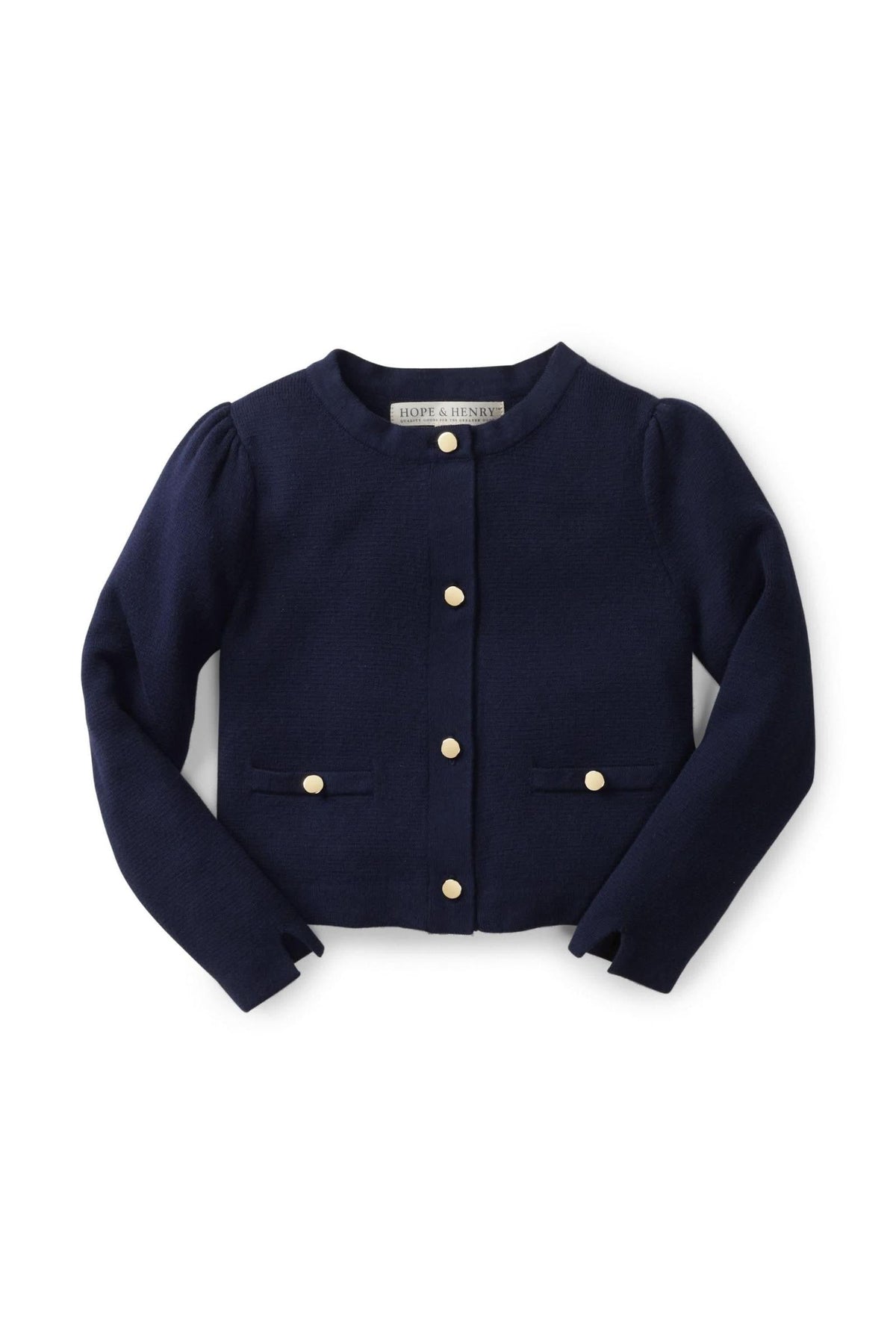 Navy blue baby cardigan from Hope & Henry featuring a structured knit, gold buttons, and a classic round neckline.