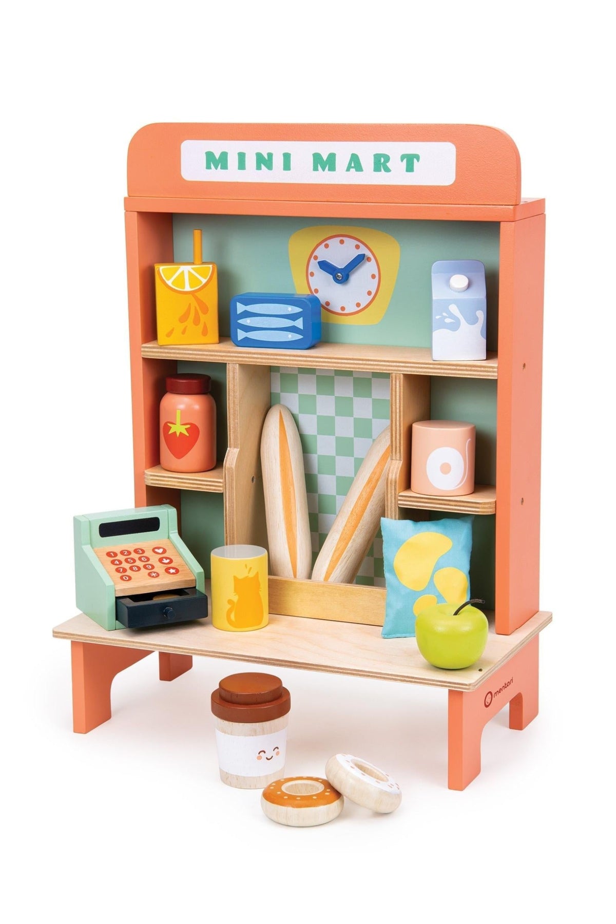 Colorful wooden mini mart playset featuring shelves filled with pretend food items, a cash register, and a clock.