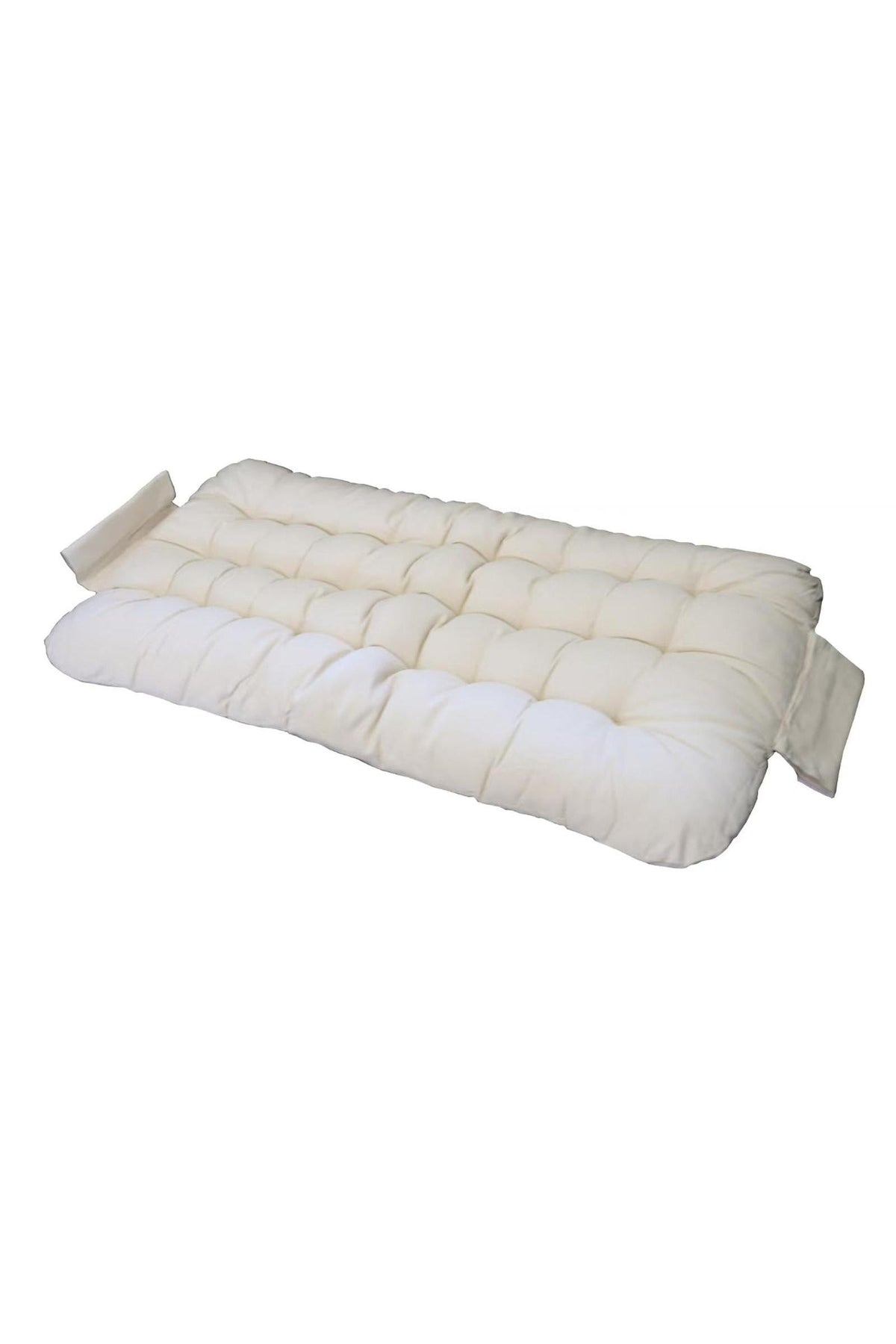 A thick, cream-colored cushion with tufted design rests on a white background, ideal for added comfort on a rocker.