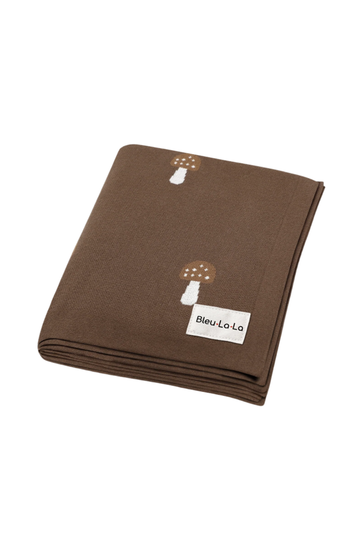 Brown swaddle blanket with mushroom pattern and a Bleu La La label, made from soft cotton material.