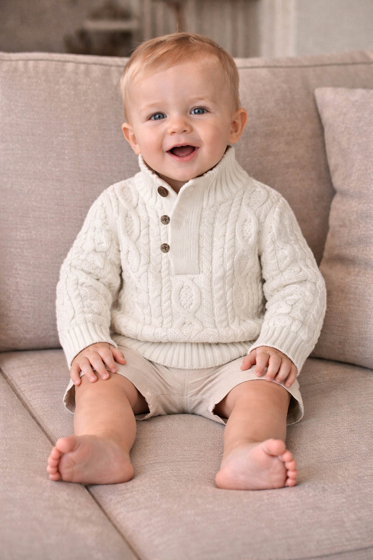 A smiling baby boy sits on a beige sofa, wearing a white cable-knit sweater with a mock neck and faux leather buttons, paired with light shorts.