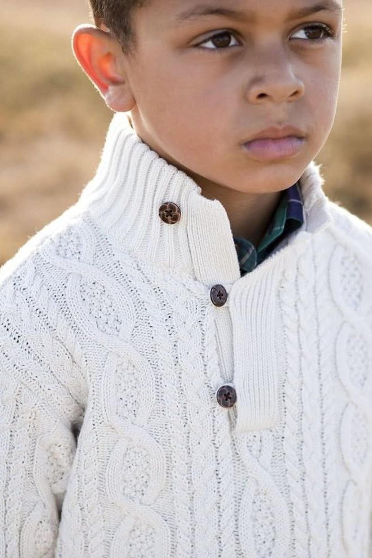 Hope & Henry Mock Neck Organic Cotton Cable Sweater with Buttons for Baby Boys, White