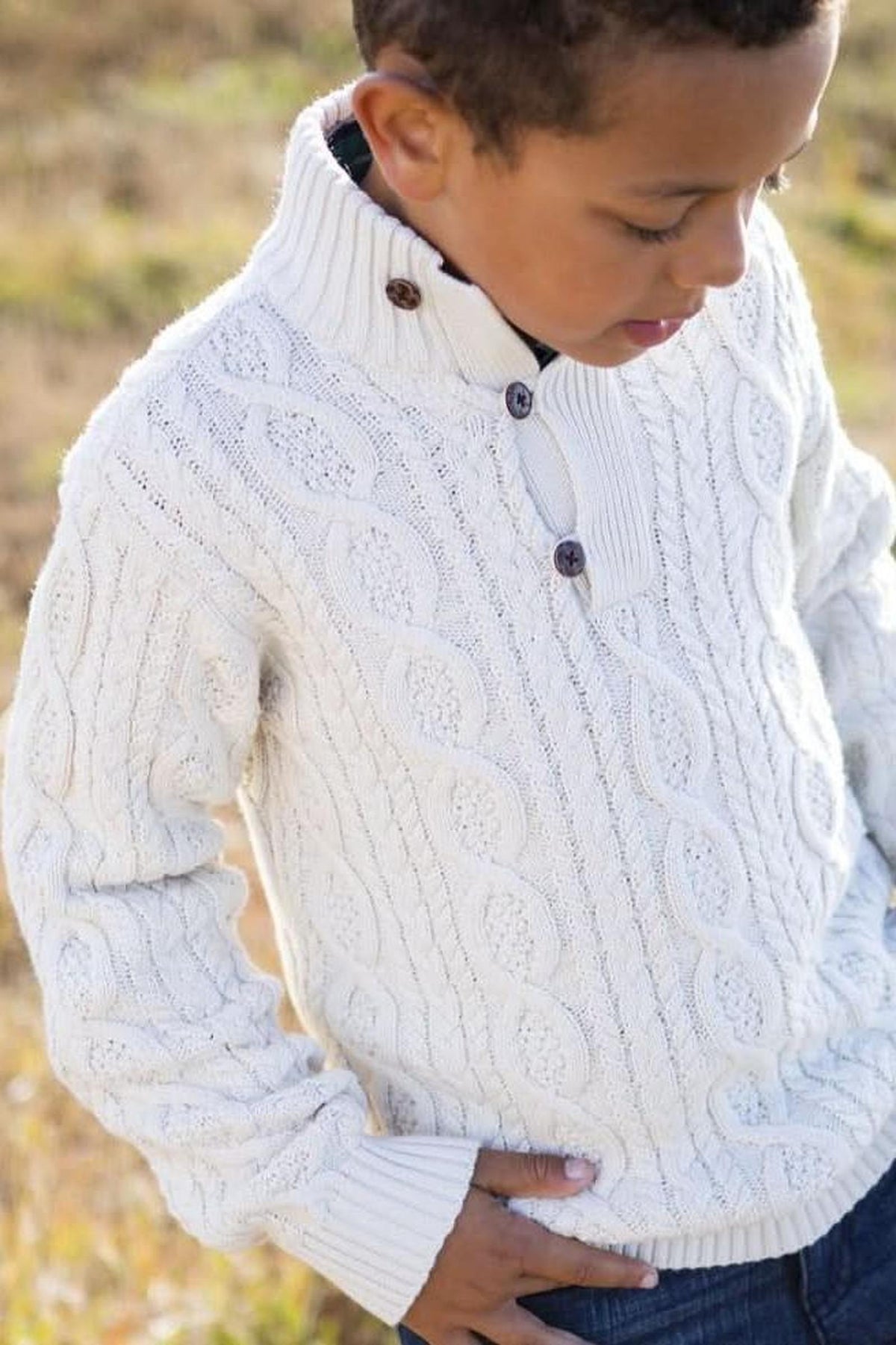 Hope & Henry Mock Neck Organic Cotton Cable Sweater with Buttons for Baby Boys, White