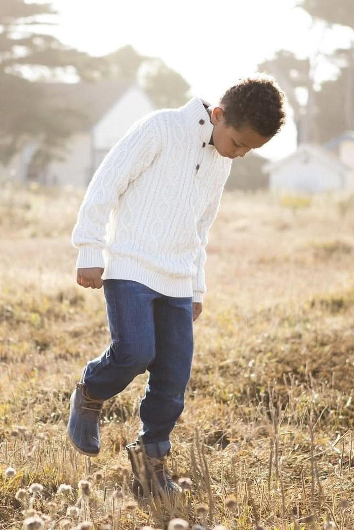 Hope & Henry Mock Neck Organic Cotton Cable Sweater with Buttons for Baby Boys, White