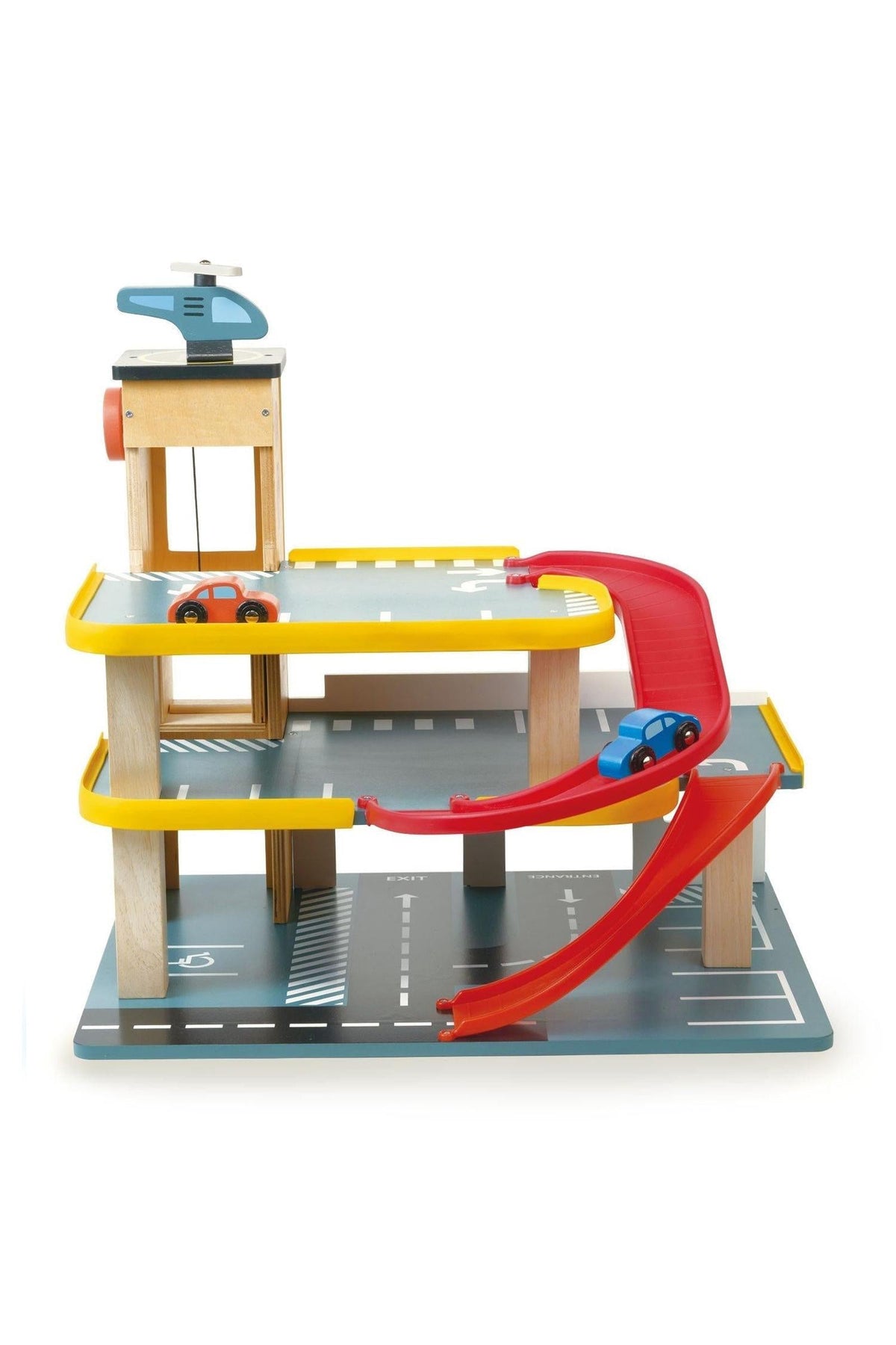 Wooden multi-level toy garage with red ramps, yellow accents, and a helicopter on top. Features colorful toy cars.