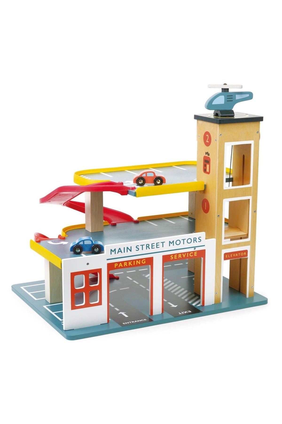 Wooden toy garage with three levels, ramps, and a lift. Features colorful cars and a helicopter pad.