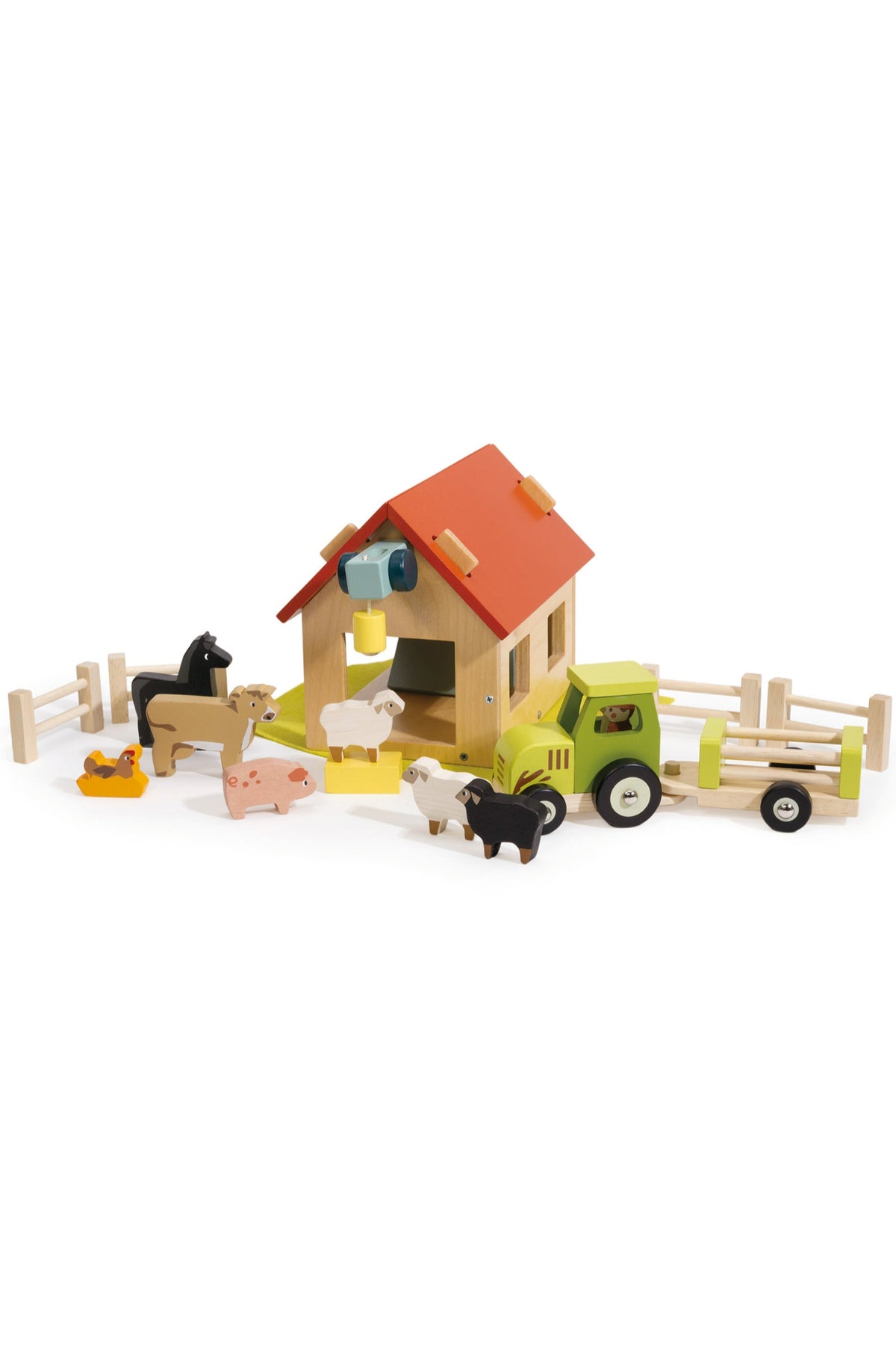 Colorful wooden farm playset featuring a red-roofed barn, a green tractor, and various animal figures. Designed for imaginative play, it promotes eco-friendly, sustainable fun for young children.
