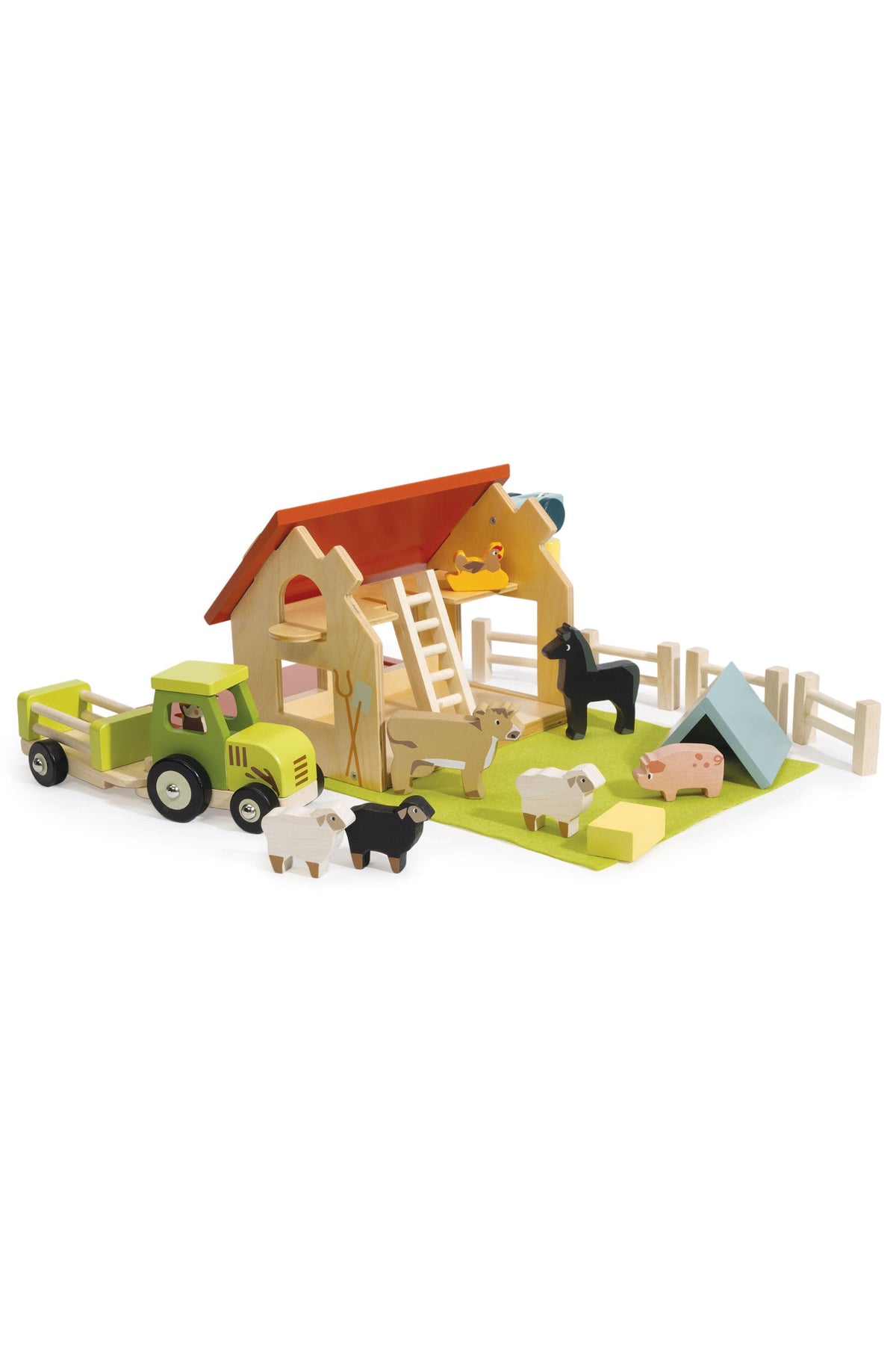 Colorful wooden farm playset featuring a barn, tractor, and various animal figures, designed for imaginative play. The eco-friendly materials and bright colors are perfect for young children.