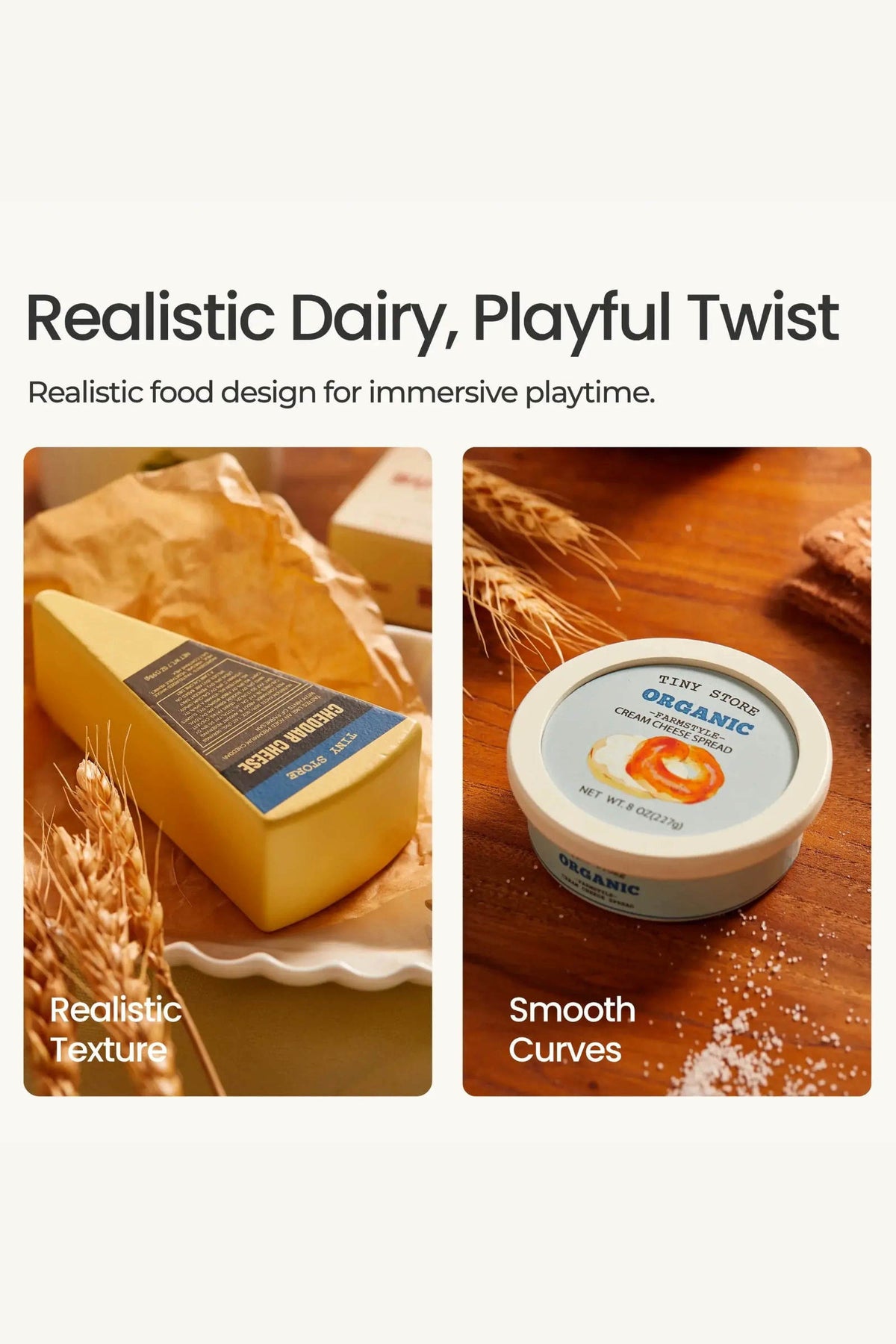 The image displays realistic dairy play food, including a wedge of cheese and a container of yogurt, showcasing smooth curves and textured details for engaging imaginative play.