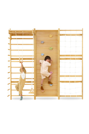 Two children engage with a wooden modular climbing gym featuring a climbing wall, rope swing, and ladder. The structure is made from natural wood, promoting active play and coordination development.