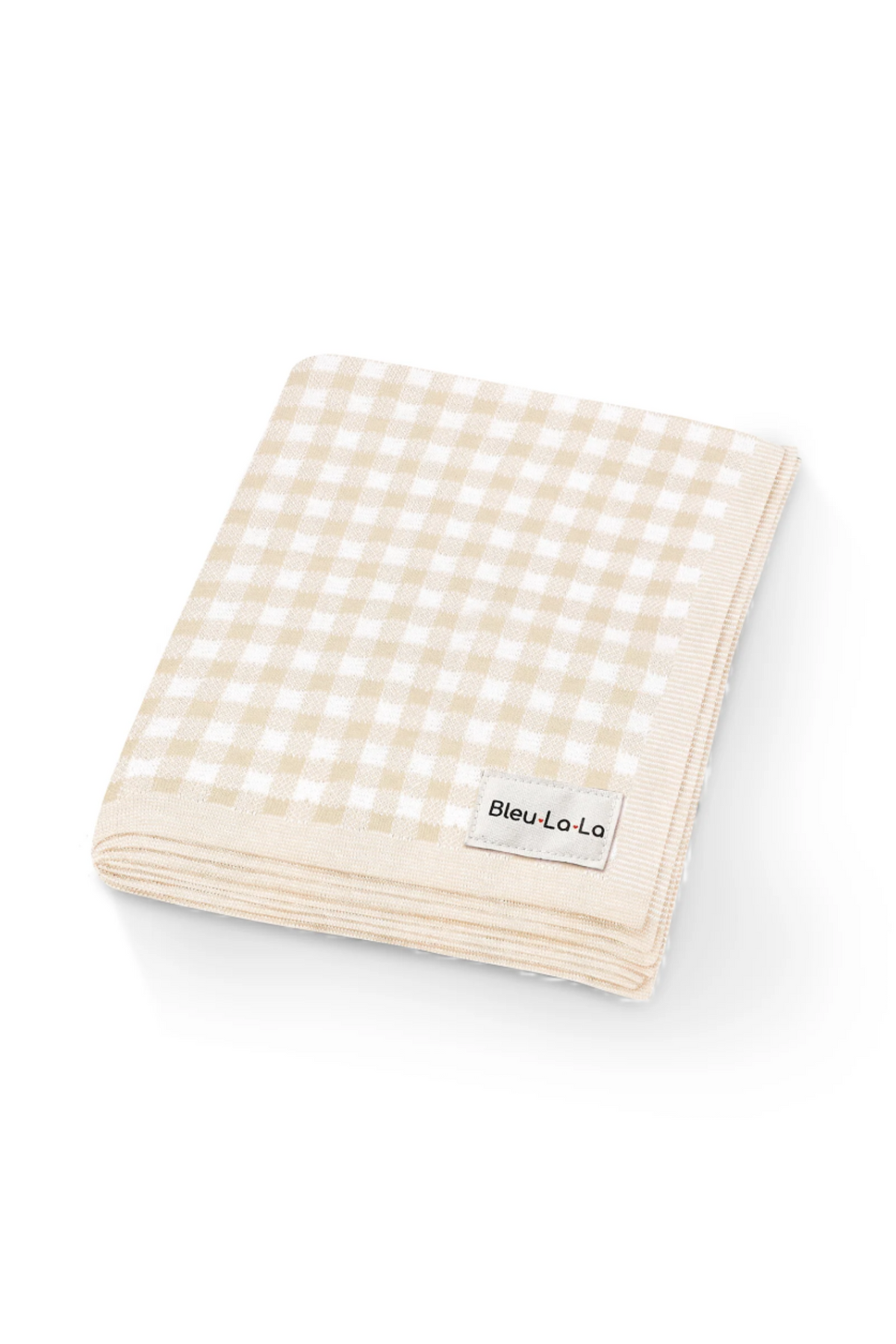 Folded beige and white checkered knit blanket with a Bleu-Lo-La label, made from soft cotton fabric.