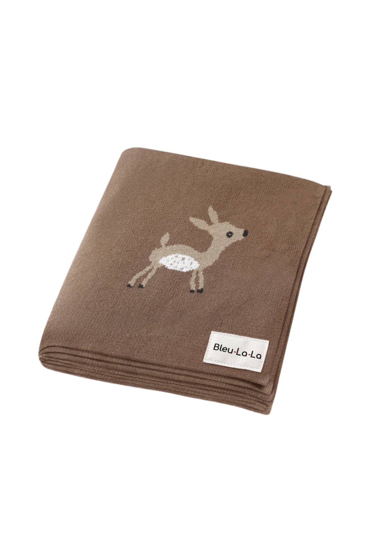 Brown cotton blanket with a deer illustration and Bleu La La label, showcasing a soft, cozy texture.