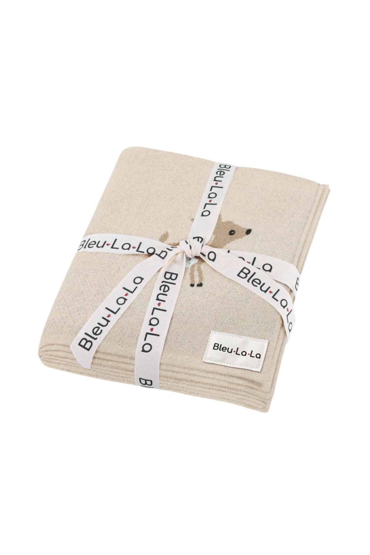 A beige knit blanket with a small deer design, tied with a branded ribbon featuring Bleu-La-La.