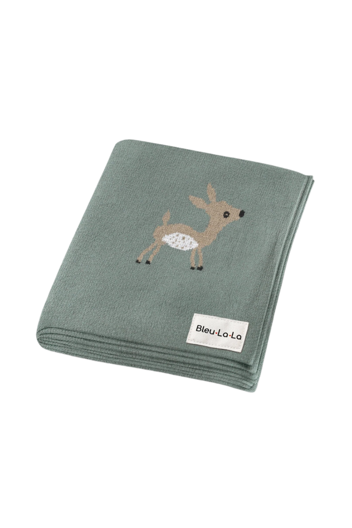 Green knit blanket featuring a cute deer design and a Bleu-La-La label, made from soft, natural cotton.