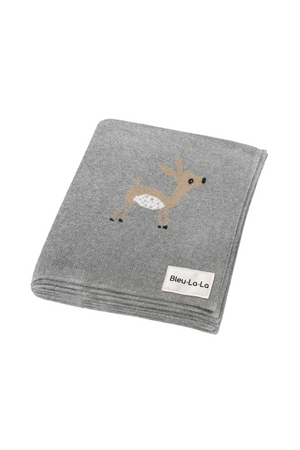 Gray knitted blanket with a cute deer design, featuring a Bleu-La-La label. Made from soft cotton.