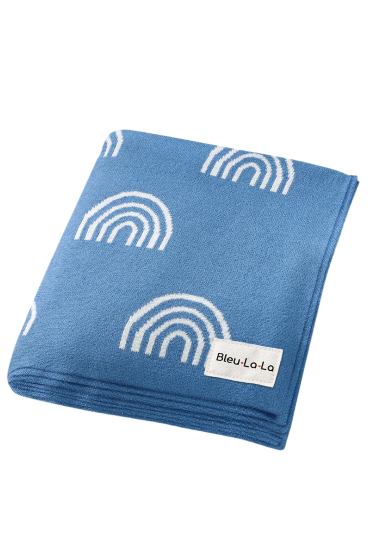 Blue knit blanket with white rainbow pattern, featuring a Bleu-La-La label. Soft, cozy texture ideal for babies.