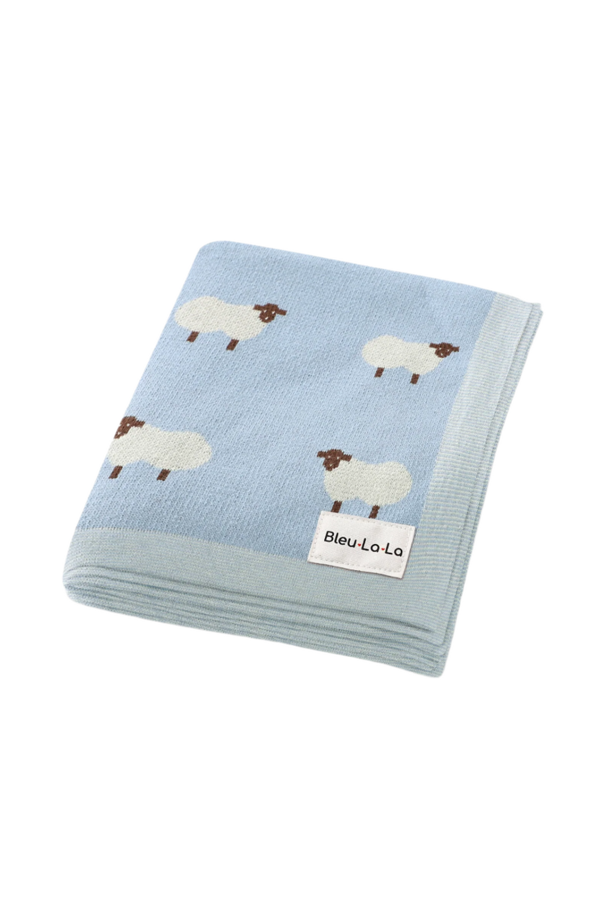 Light blue knit blanket with sheep patterns, made of soft cotton, featuring a Bleu La La label.