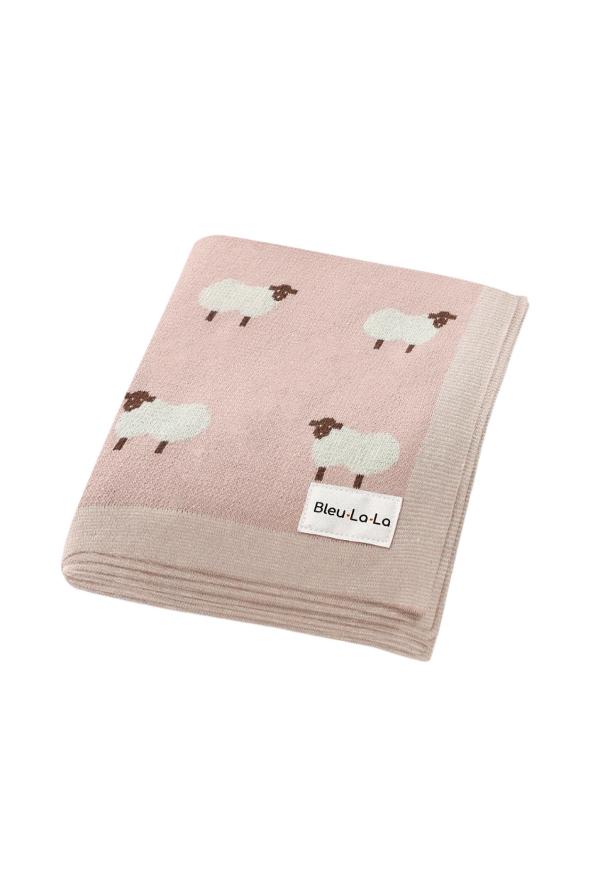 Pink baby blanket with white sheep pattern, made of soft cotton, featuring a Bleu-La-La label.